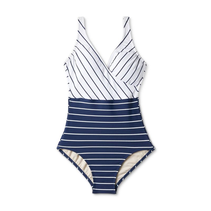 Women's Striped V-Neck Full Coverage One Piece Swimsuit - Kona Sol™ Navy Blue, 5 of 9