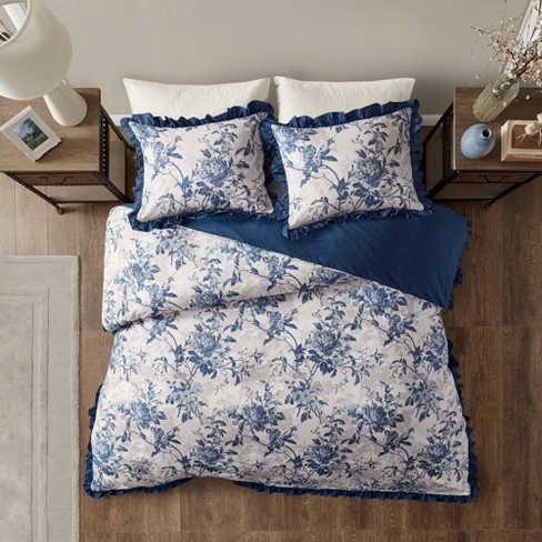 Aimatia Full Queen 3pc Cotton Printed Ruffle Duvet Cover Set Navy