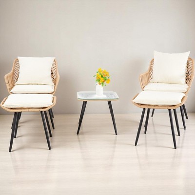 5-Piece Patio Bistro Set with Ottoman, Outdoor Wicker Furniture with Tempered Glass Table, Chairs and Footrests for Balcony, Porch, or Poolside