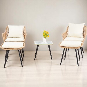 5-Piece Patio Bistro Set with Ottoman, Outdoor Wicker Furniture with Tempered Glass Table, Chairs and Footrests for Balcony, Porch, or Poolside - 1 of 4