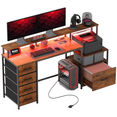 HOMCOM 67" Computer Desk with File Cabinet, Home Office Desk with Power Outlets and LED Lights, Monitor Stand and Printer Shelf