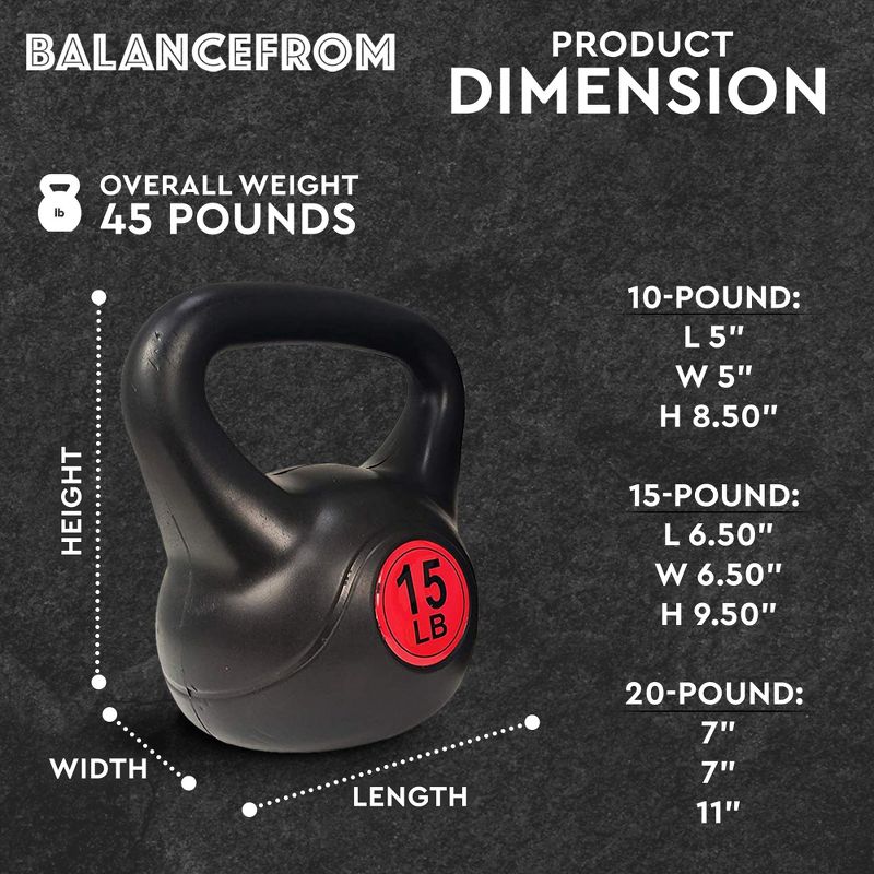 BalanceFrom Vinyl Ergonomic Wide Grip Kettlebell Exercise Workout Fitness Weights for Balance and Strength Training, Set of 3, 10, 15, and 20 Pounds, 3 of 7