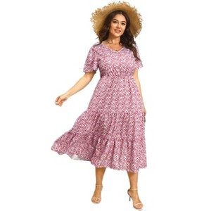 Women's Plus Size Midi Casual Dress with Pockets 1X-4X Tiered Short Sleeve Relax Fit Crewneck Summer Dresses - 1 of 2