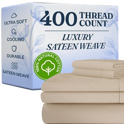 100% Cotton 400 Thread Count 4 Piece Sheet Set - Soft & Cozy Sateen Bed Sheets - CGK Linens