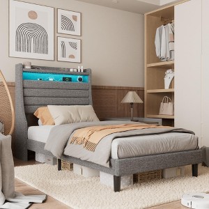 Bed Frame with USB Charging Station & LED Lights, LED Platform Bed with 2-Tier Upholstered Storage Headboard, Sturdy Wood Support, - 1 of 4