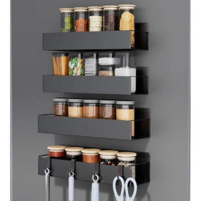 LunaLulinlk 4PCS Magnetic Spice Rack Organizer, Movable Kitchen Storage Rack with Hooks, Black