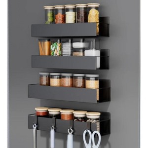 LunaLulinlk 4PCS Magnetic Spice Rack Organizer, Movable Kitchen Storage Rack with Hooks, Black - 1 of 4