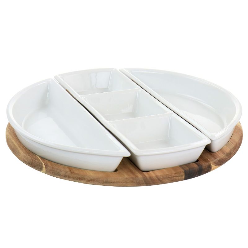 Gibson Elite Gracious Dining 4 Piece Fine Ceramic Sectional Tray Set with Acacia Wood Base, 1 of 8
