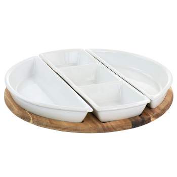 Gibson Elite Gracious Dining 4 Piece Fine Ceramic Sectional Tray Set with Acacia Wood Base