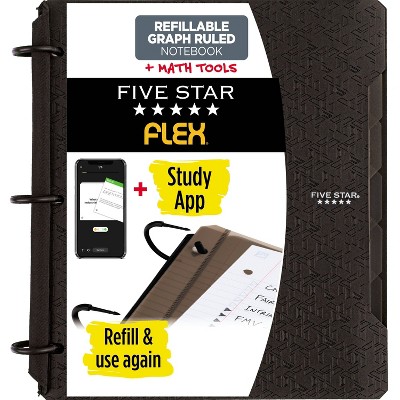 1" Notebinder Flex Quad Rule Black - Five Star: Flexible Binder with 10 Pockets, 3 Ring, Page Divider, 200 Sheet Capacity
