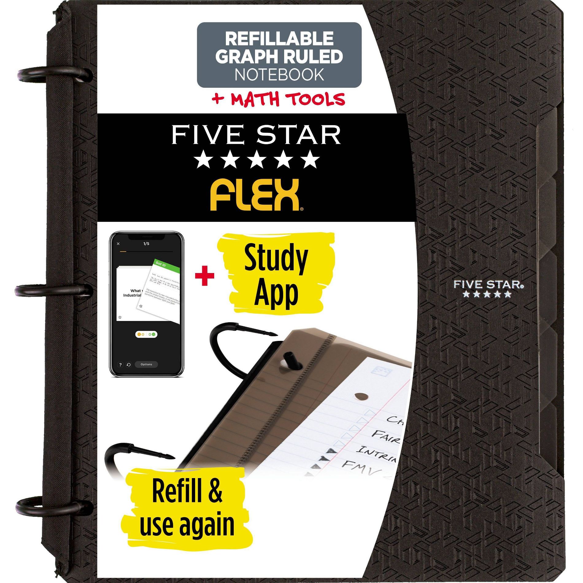 1" Notebinder Flex Quad Rule Black - Five Star: Flexible Binder with 10 Pockets, 3 Ring, Page Divider, 200 Sheet Capacity