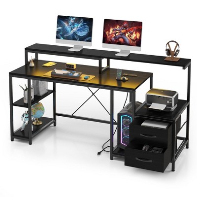 Computer Gaming Desk with File Drawers, 63'' Home Office Desk with Power Outlets & LED Light