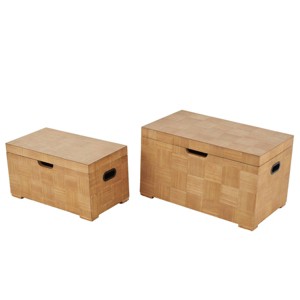 Wood Decorative Trunk with Black Metal Accents and Square Patterns