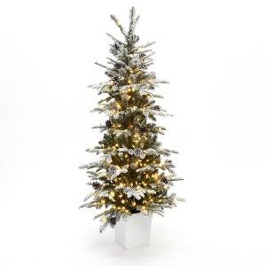 LuxenHome 5Ft Pre-Lit Snow-Covered Artificial Christmas Tree with Pinecones & White Planter Base Green - 1 of 4