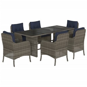 vidaXL 7-Piece Patio Dining Set - Outdoor Gray Poly Rattan Garden Chairs with Navy Cushions, Tempered Glass Tabletop - 1 of 4