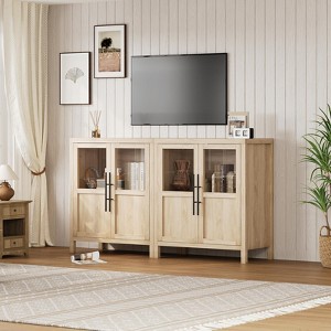 Sideboard Buffet Cabinet with Glass Doors, 29" Large Buffet Cabinet with Storage, Modern Farmhouse Storage Cabinet Table(Glass with 2 Door, Pear Wood) - 1 of 4