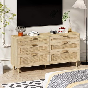 ORRD 59" Rattan 6-Drawer Dresser, Bedroom Clothes Storage Cabinet with Metal Handles & Wood Legs, Natural - 1 of 4