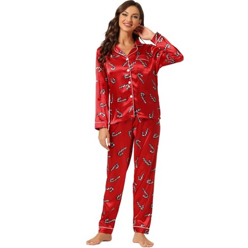 cheibear Women s Satin Floral Button Down Long Sleeve Lounge Set 2 Pcs Red X Large