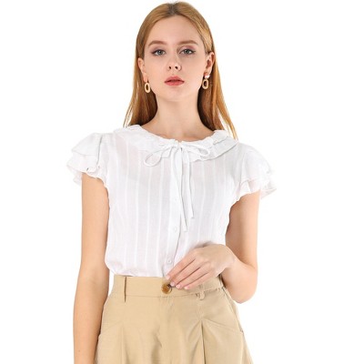 Womens Tops Ruffle Neck Flounce Sleeve Blouse (Color : White, Size :  X-Large)