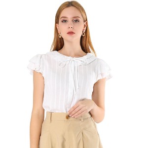 Allegra K Women's Ruffle Sleeve Tie Neck Button Front Flounce Neck Cotton Work Blouse - 1 of 4