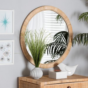 bali & pari Bella Modern Bohemian Natural Brown Mahognay Wood and Natural Rattan Round Mirror - 1 of 4