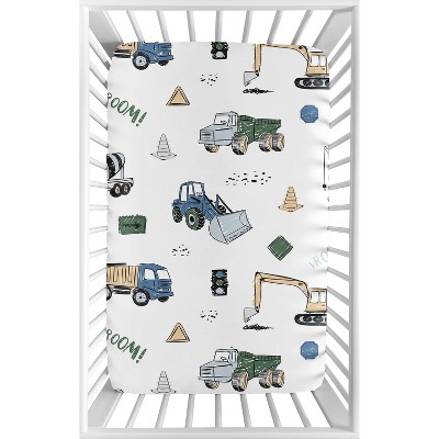 Sweet Jojo Designs Boy Baby Fitted Mini Crib Sheet Construction Truck Green and Blue