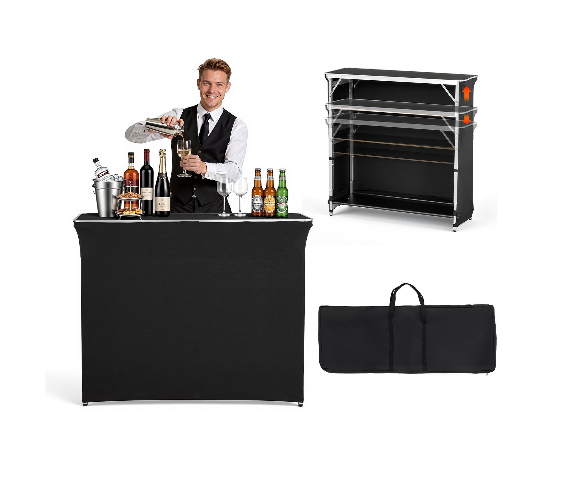 VEVOR Folding Portable Bar Table, 43.5 x 15.4 x 39.8 in, with Carry Bag, 2 Storage Shelves, and Detachable Skirt, Quick and Easy Setup, Black