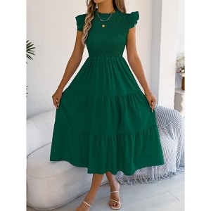 Clearlove Womens Summer Casual A Line Crew Neck Ruffle Sleeve Smocked  Tiered High Waist Midi Dresses, Green - L : Target