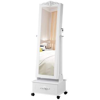 SONGMICS LED Mirror Jewelry Cabinet Organizer Standing Jewelry Armoire Adjustable Brightness and 3 Shades of Light White