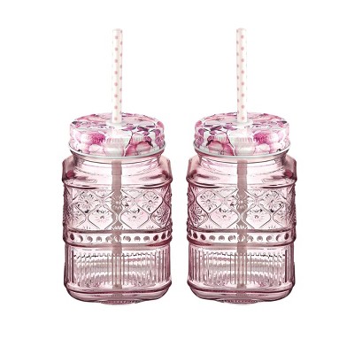 Glass Jar with Lid and Spoon - Pink/clear glass - Home All