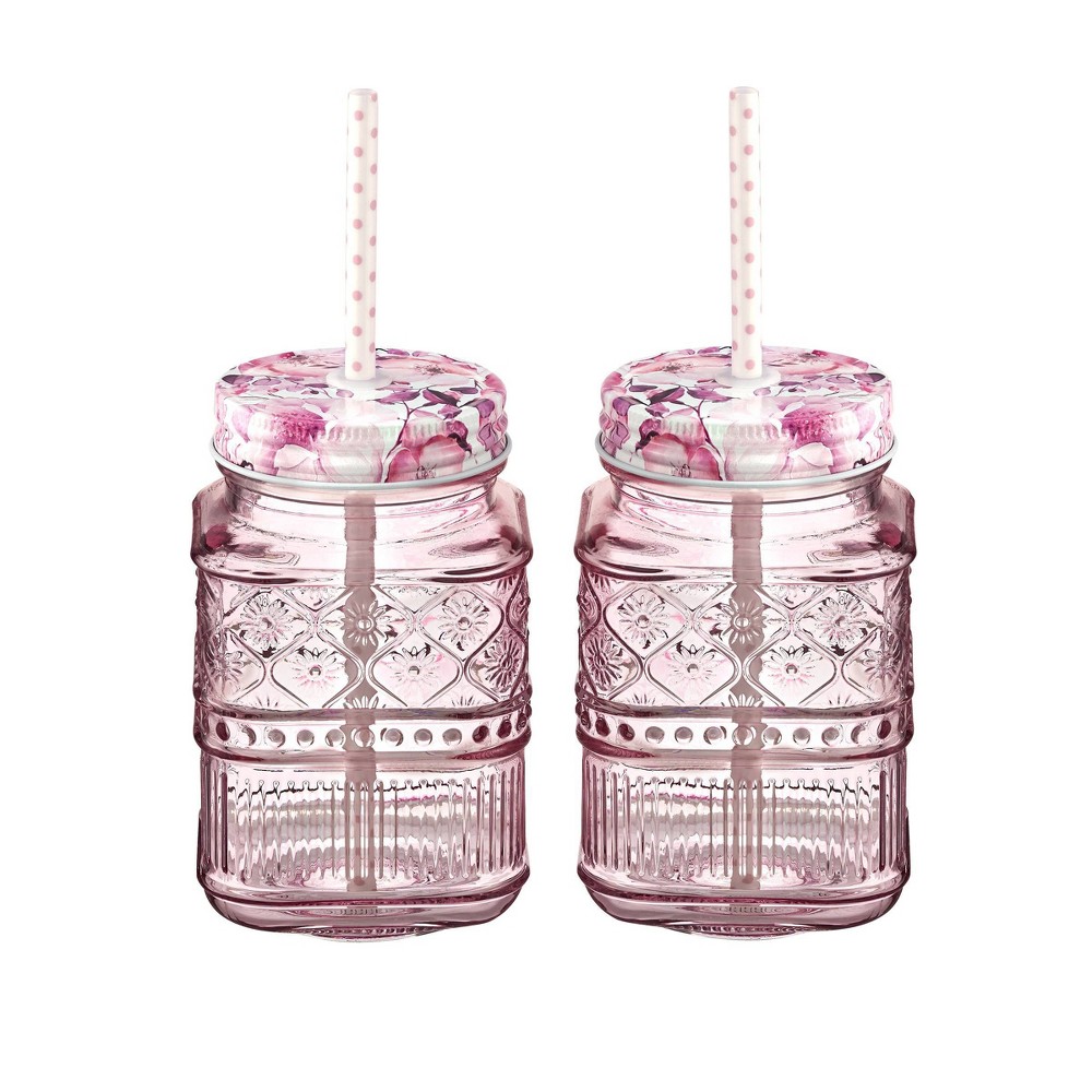 Photos - Glass 16oz 2pk Crystal Claro Mason Jar Glasses Pink - Godinger Silver: Lead-Free, BPA-Free, Dishwasher-Safe, Includes Lids & Straw