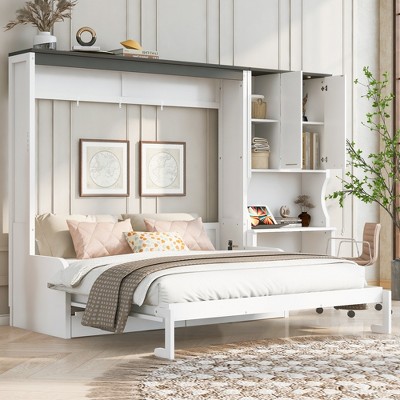 Full/Queen Murphy Bed with Sofa, Desk & Storage, Space-Saving Wall Bed, Foldable Sleeper Sofa, White - ModernLuxe