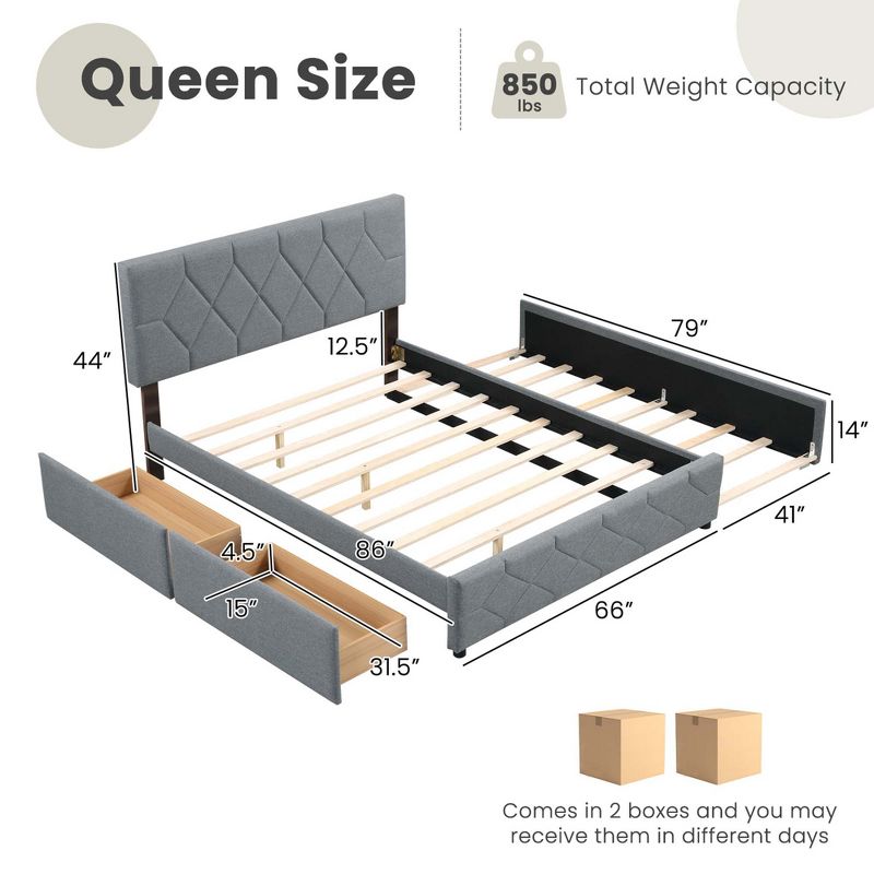 Costway Queen Upholstered Platform Bed with Twin XL Trundle and 2 Drawers Wooden Slats, 3 of 11