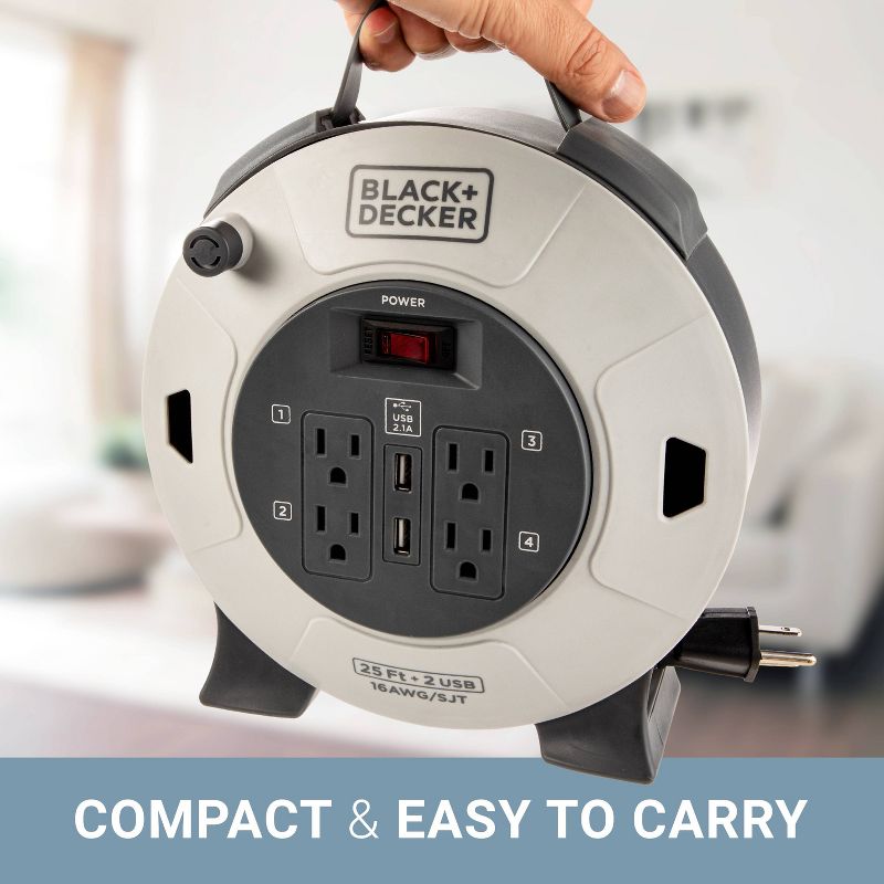 BLACK+DECKER 25&#39; Cord Reel 16AWG 4 Outlets + 2 USB, 5 of 8