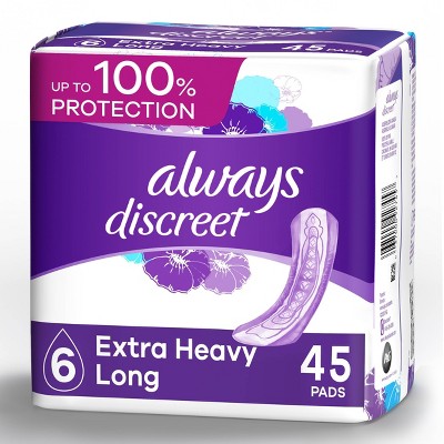 Always Discreet Incontinence and Postpartum Incontinence Pads for Women - Extra Heavy Absorbency - Long Length - 45ct