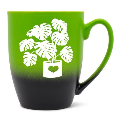 Elanze Designs Botanical Foliage Nature Coffee Cup Mug 12 Ounce Ceramic With Ombre Gradient Elegant Minimalist Monstera in Heart Planter Silhouette