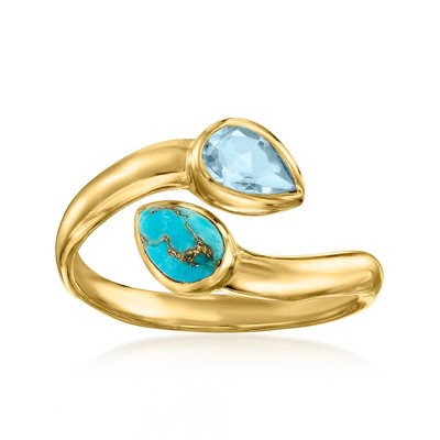 Ross-Simons Turquoise and .40 Carat Sky Blue Topaz Bypass Ring in 18kt Gold Over Sterling