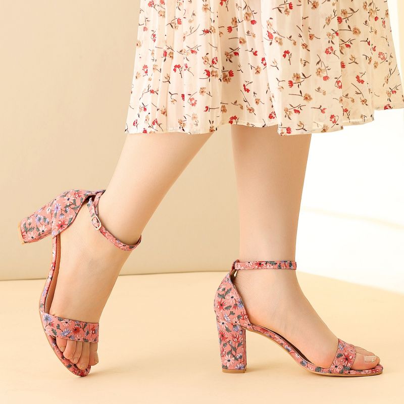 Perphy Women's Floral Printed Open Toe Ankle Strap Chunky Heels Sandals, 2 of 7