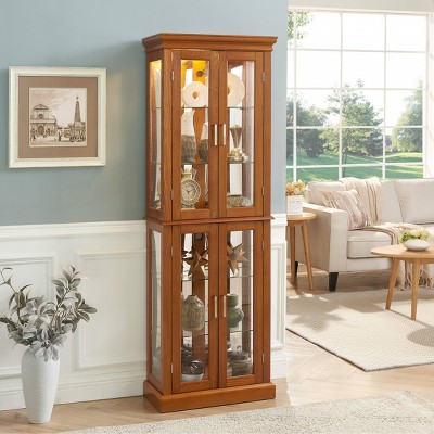 VYNXARIA Classic Oak Curio Cabinet with Adjustable Glass Shelves and Mirrored Back