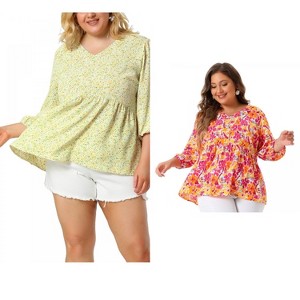 Women's Plus Size 2 Pieces V Neck Babydoll 3/4 Sleeve Pleat Floral Flowy Blouses - Agnes Orinda - 1 of 4