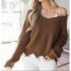 Coolmee Women's Loose Knitted Off The Shoulder Sweater Solid V Neck Long Sleeve Pullover Ripped Crop Top - 4 of 4