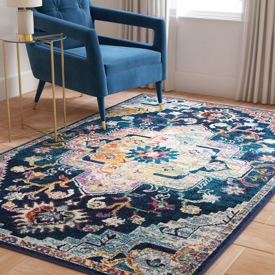 Navy and Fuchsia Floral Synthetic Area Rug