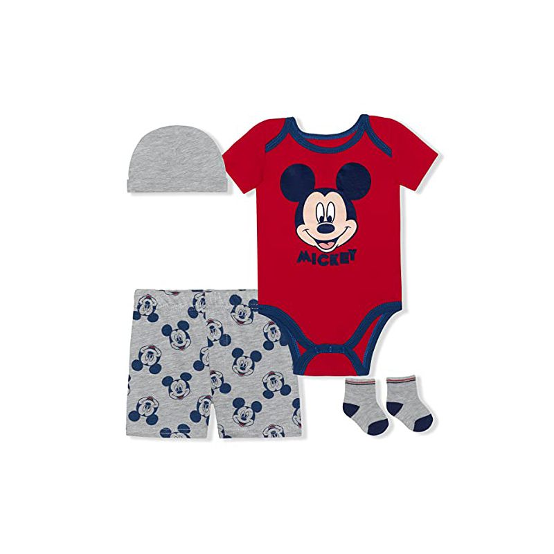 Disney Boy's 4-Pack Mickey Mouse Short Sleeve Creeper, Baby Cap, Casual Shorts and Socks for infant, 1 of 7