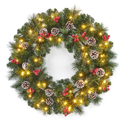 24 Inch Christmas Wreath for Front Door, Artificial Christmas Wreaths,Frosted Branches, Pine Cones & Berry Clusters, Xmas Spruce Holiday Decor