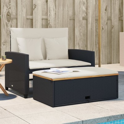 Patio Sofa with Cushions 2-Seater Poly Rattan&Acacia Wood  vidaXL
