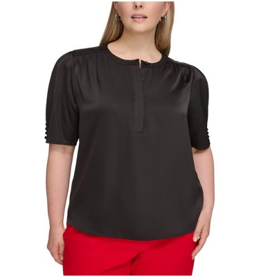 Calvin Klein Womens Satin Button Down Blouse, Black, 1X