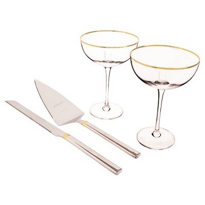 "H" Couple Flutes and Cake Serving Set Gold Rim