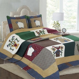 Pastoral Style Patchwork Farm Animal Cotton Bedding Set King Size Quilt Cover & Pillowcases with Lamb, Chick Patterns, Cozy Country Cottage Bed Set - 1 of 4