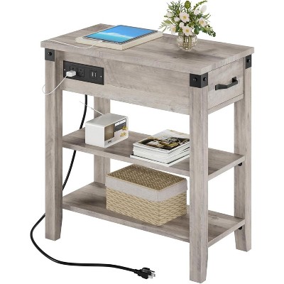 3 Tier End Table with Charging Station, with Drawer, Open Shelves, Power Outlets and Usb Ports, Small Farmhouse Sofa Side Table for Living Room, Gray