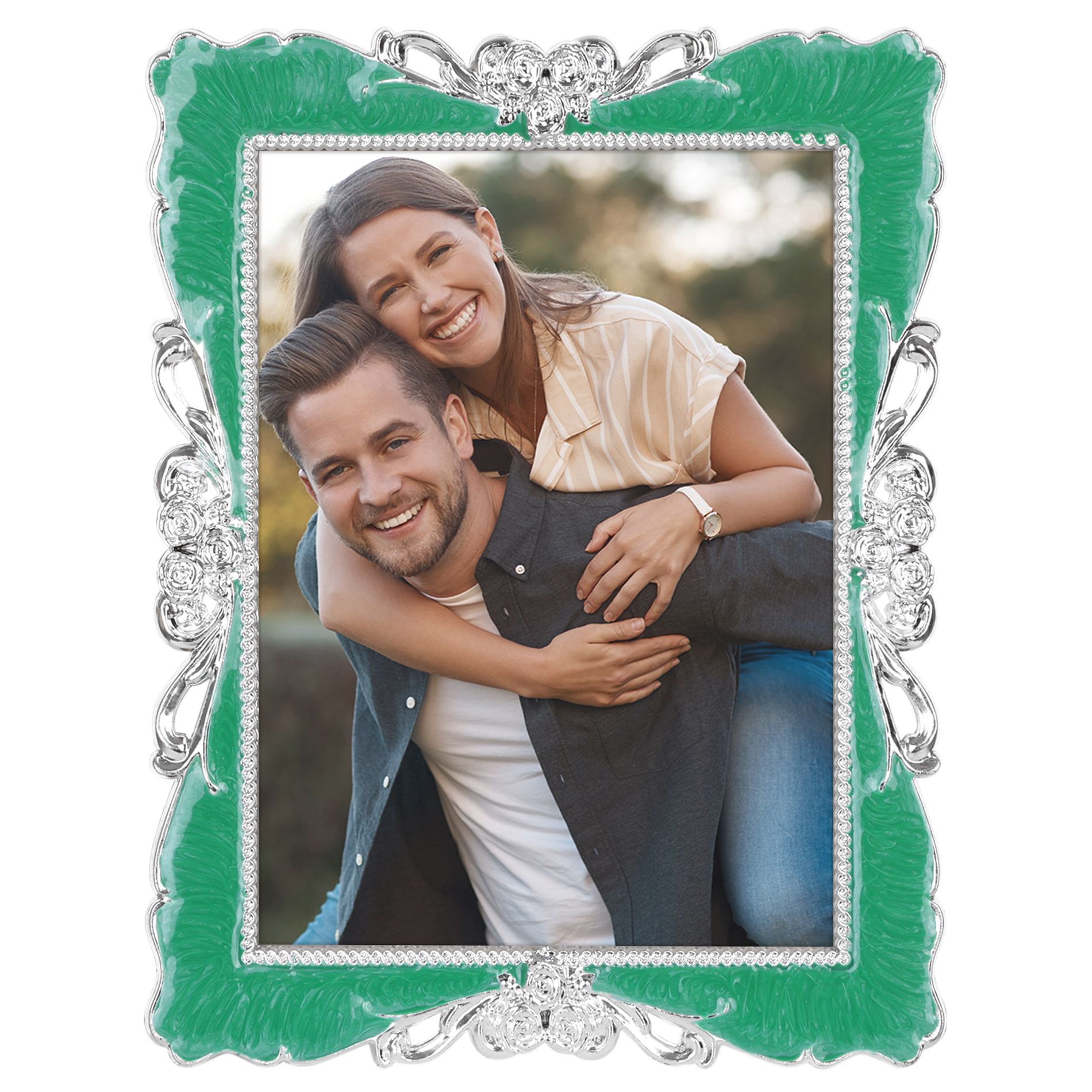 REGALWOVEN Vintage Polyresin Clear Glass Decorative Picture Frame with Crystals 1 Pc Green 5x7